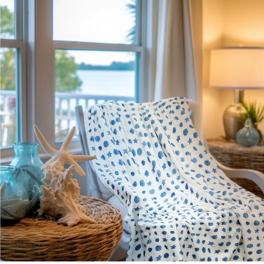 Target large blue and white super soft seashell beach print throw